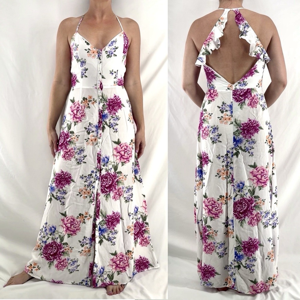 Boho Floral Maxi Dress M Cottage Open Back Button Front Romantic Wedding Bridal